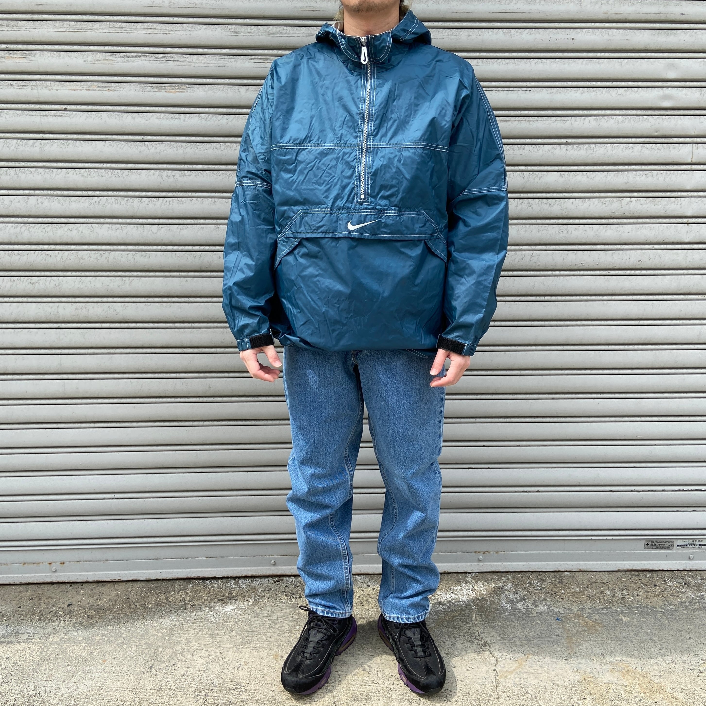 90s NIKE アノラックパーカー ビッグロゴ ゴツナイキブルー系 M 90s NIKE アノラックパーカー ビッグロゴ ゴツナイキブルー系 M