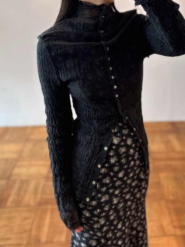 ERiKOKATORi/EK11-1-4 wool linen gauze highneck top Black