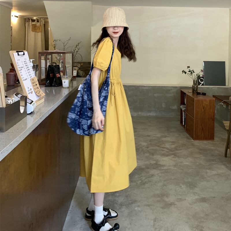 イエローVネックドレス サマー薄手スタイルウェストAラインロングスカート 夏物 モンロー61936074364