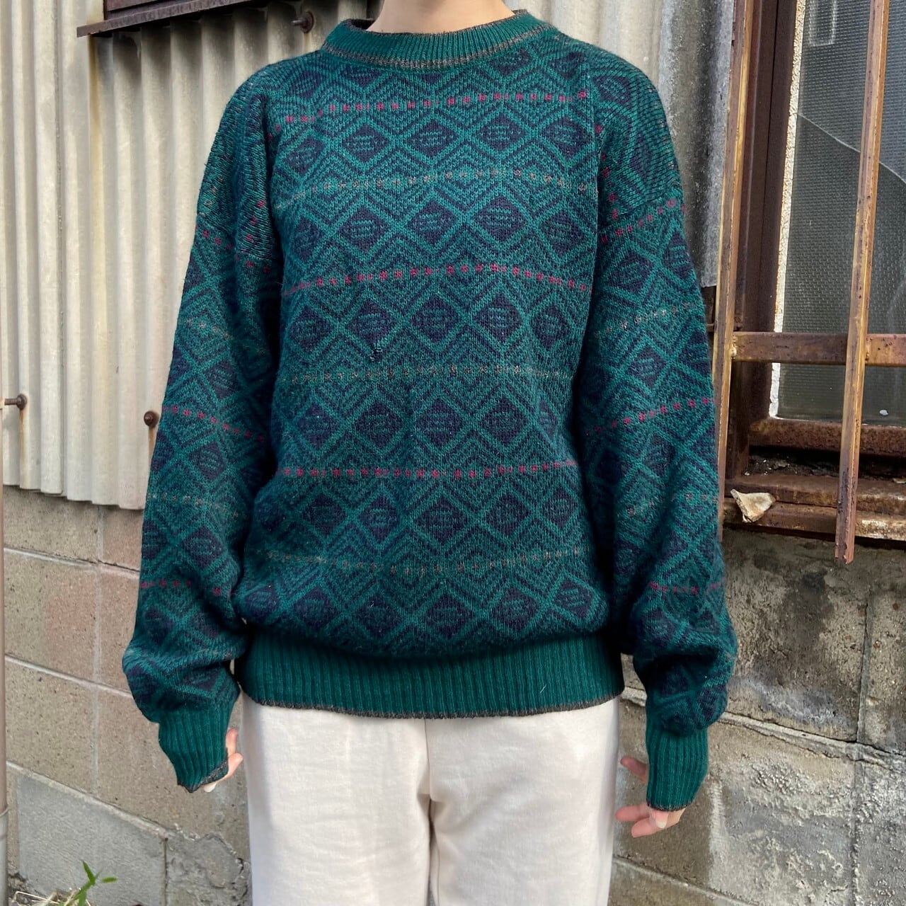 総柄 アクリル ニットセーター メンズl相当 レディースxl 古着 グリーン 緑 ニットセーター Cave 古着屋 公式 古着通販サイト