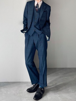 [3PIECE] vintage check suit - single jacket × vest × tuck trousers / blue