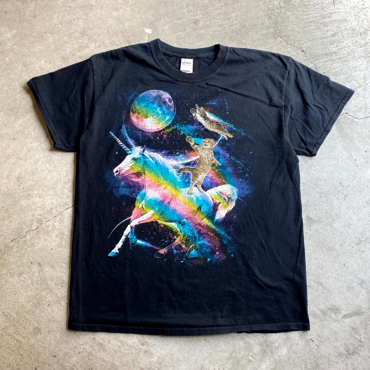 ネコ ユニコーン 宇宙柄 アニマルプリントTシャツ メンズL レディース 