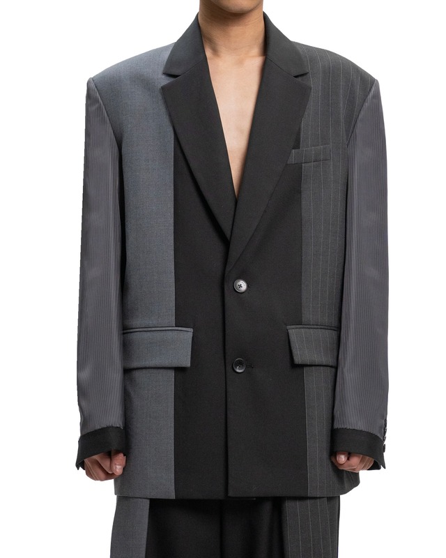 FENG CHEN WANG / BLACK AND GREY PANELED BLAZER WITH INVERTED STRIPE SLEEVES