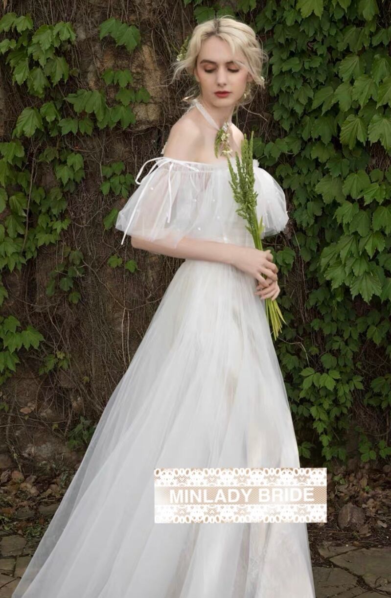 オフショルダー シャーリング ウェディングドレス | MINLADY BRIDE オフショルダー シャーリング ウェディングドレス | MINLADY BRIDE