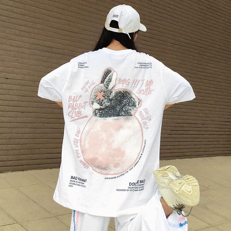 ユニセックス Tシャツ 半袖 BADRABBIT うさぎ プリント オーバーサイズ ...