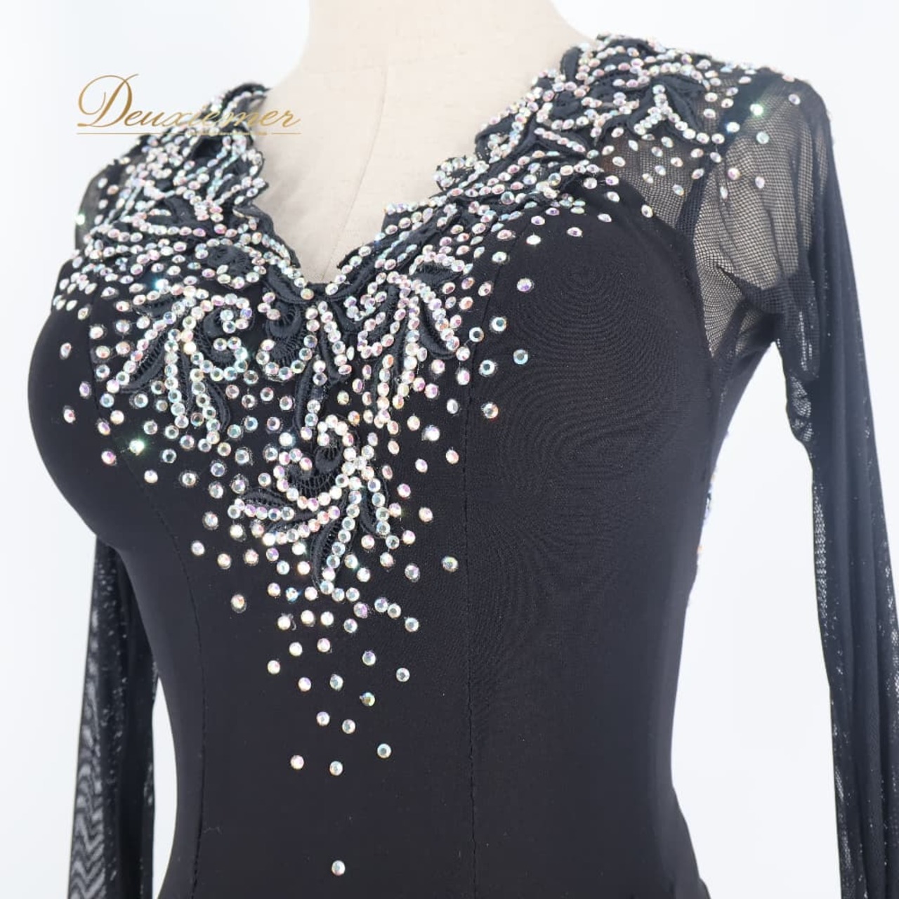 社交ダンス 衣装 Dance fashion design room ドレス ワンピース ラテン ブラック系 黒 レース デモ 競技 ダンス パーティ 発表会 軽い 薄い 長袖 上品 高級感 舞台衣装 エレガント 上品
