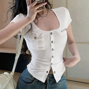 アウトポケット Tシャツ 半袖 レディース 春夏 韓国 トップス 大人 カジュアル ストリート 原宿系 アメカジ おしゃれ タイト 華奢見え Uネック 伸縮性 大人可愛い 大人女子