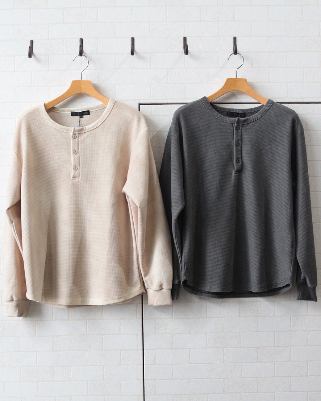 Select】ワッフル編み ヘンリーネック ビンテージ加工 長袖Tシャツ