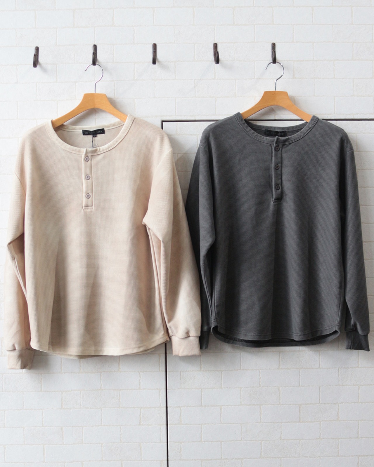 【Select】ワッフル編み ヘンリーネック ビンテージ加工 長袖Tシャツ　(260207)
