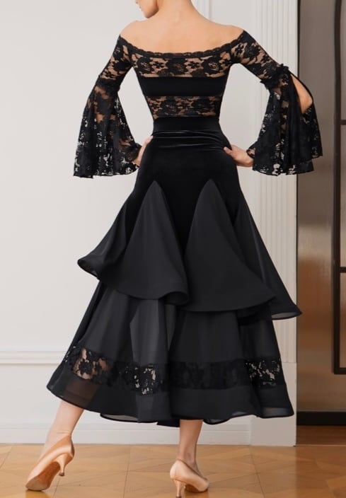 【新着】社交ダンス ドレス 　スタンダード 　モダンド レス 　ブラック　セットアップ（ベルベット＆レース） M　 ST-25-25＆ 26 　デモ・競技用ドレス 　発表会衣装 　パーティドレス 　ワンピース 　舞台衣装