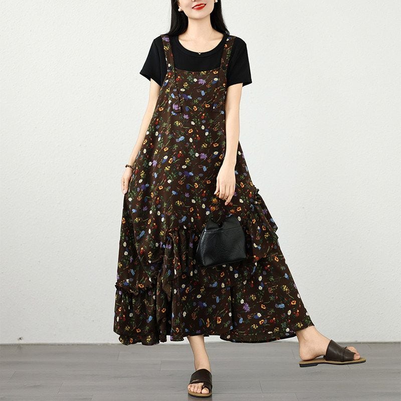 FLORAL STRAP TIERED FLOWY MIDI DRESS M-18002