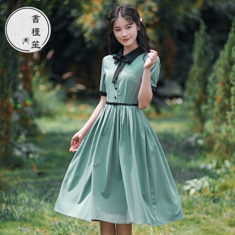 書槿笙シリーズ ロング丈ワンピース 2color 通勤 通学 結婚式 撮影 半袖 リボン 折襟 青緑 ベージュ Elegant 書槿笙シリーズ ロング丈ワンピース 2color 通勤 通学 結婚式 撮影 半袖 リボン 折襟 青緑 ベージュ Elegant
