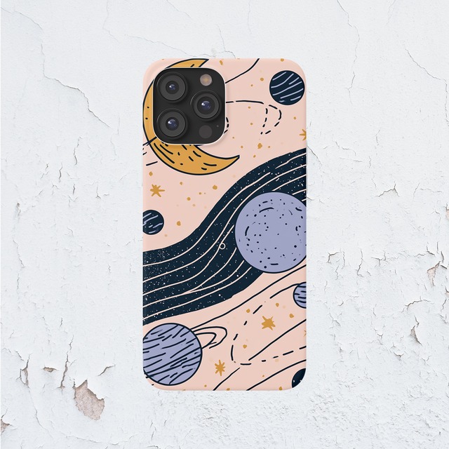 受注生産 iPhoneケース 月と惑星のネイビー星柄｜天体パターン STAR070A