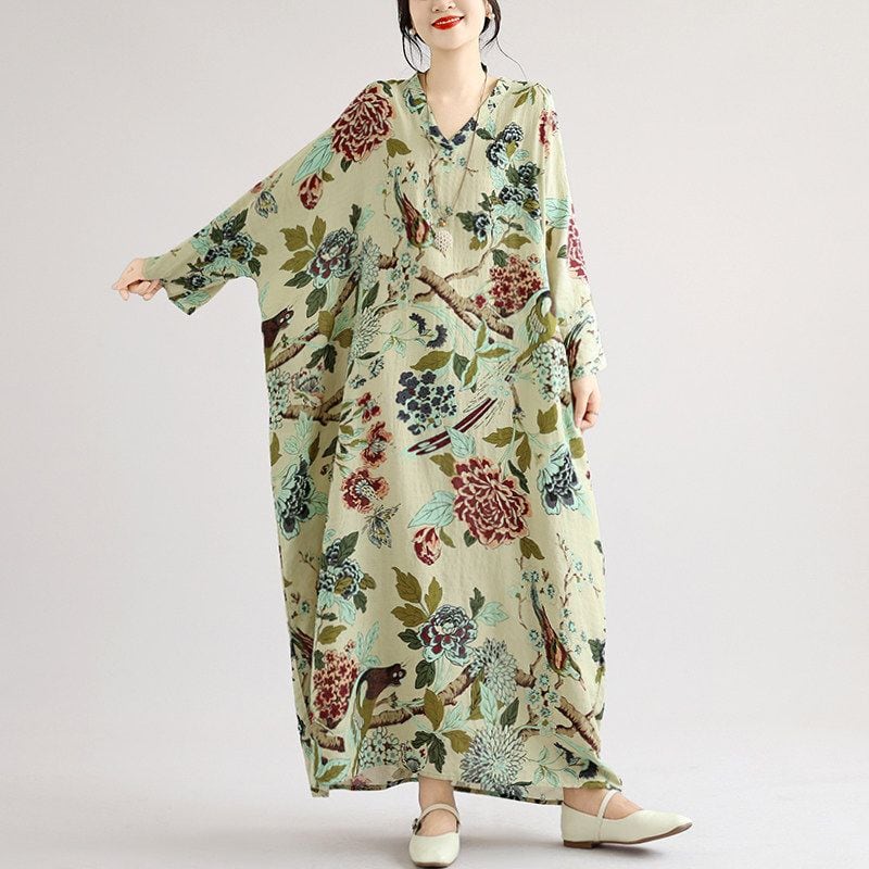 FLORAL V-NECK LINEN RETRO LONG DRESS M-18024