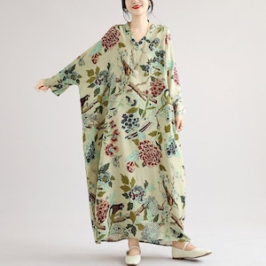 FLORAL V-NECK LINEN RETRO LONG DRESS M-18024