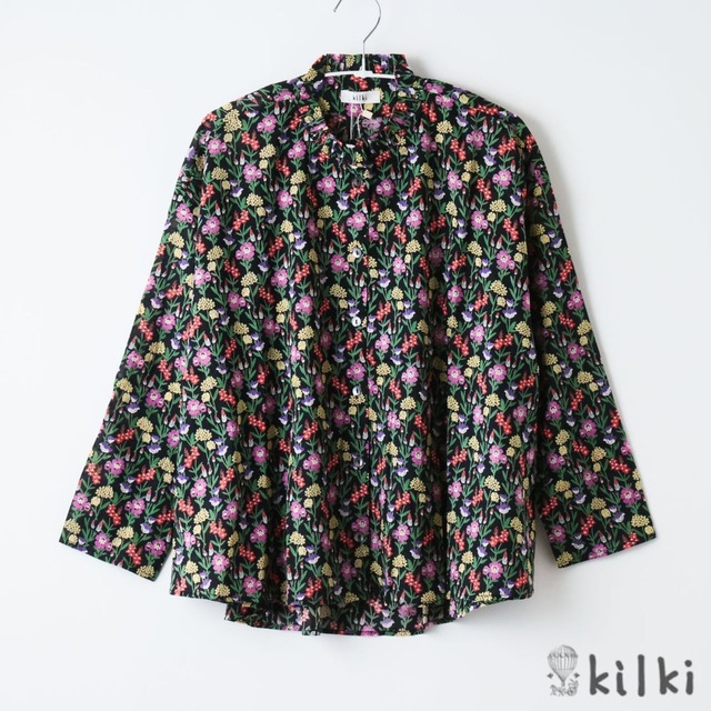 KILKI キルキー ブラウス ブルーミンググローブ 黒 レディース おしゃれ 長袖 襟なし シャツ ノーカラーシャツ 綿 コットン 100% ボイル 素材 花柄 インド製 かわいい 大人 ギフト プレゼント 5S-B42 Kl004
