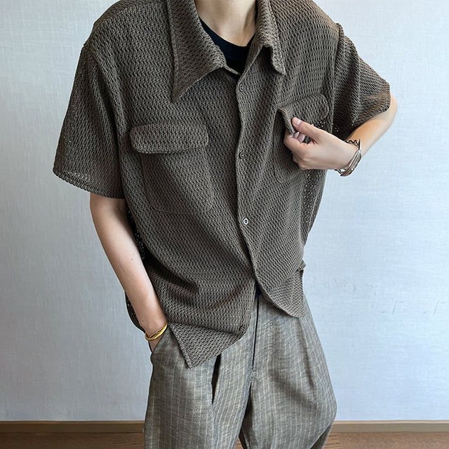 dannyandzeeメッシュ加工ポケット付き開襟シャツ