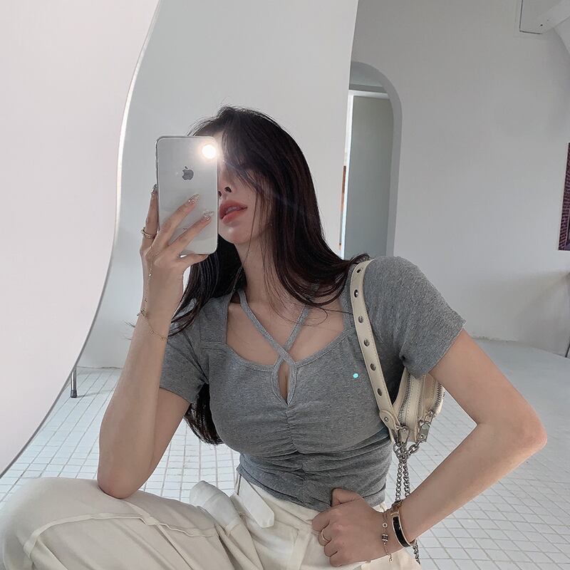 サマースリムカラーショートトップス 半袖スリーブTシャツ ハーフスリーブ 夏物 スクウェア ドラファッションホール41081676069