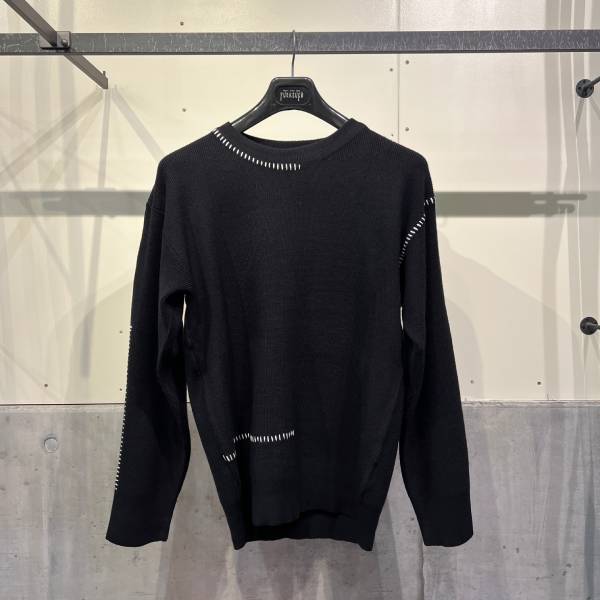 ブラック ステッチデザイン ニット長袖トップス クルーネック メンズ ブラック ステッチデザイン ニット長袖トップス クルーネック メンズ