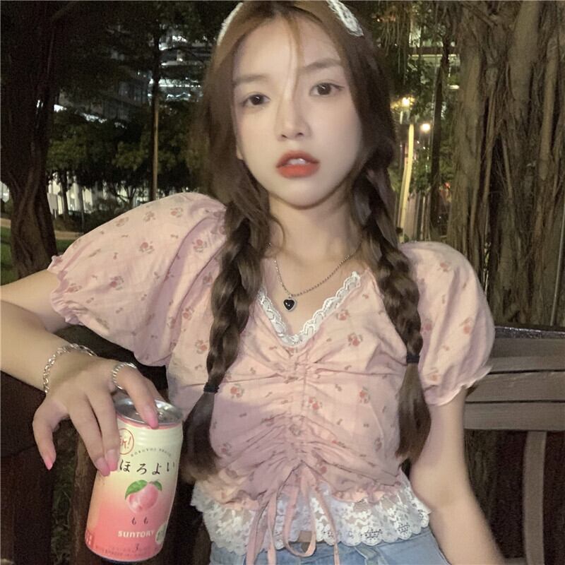 Vネックスリーブギャザーショートトップス ドレス サマーシャツ 夏物 YY-ファッション54404220001