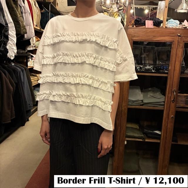 UNIVERSAL SEVEN　ユニヴァーサルセブン　クラシック天竺ボーダーフリルTシャツ　シロ　ホワイト　カットソー　ブラウス　半袖　コンボ　プルオーバー