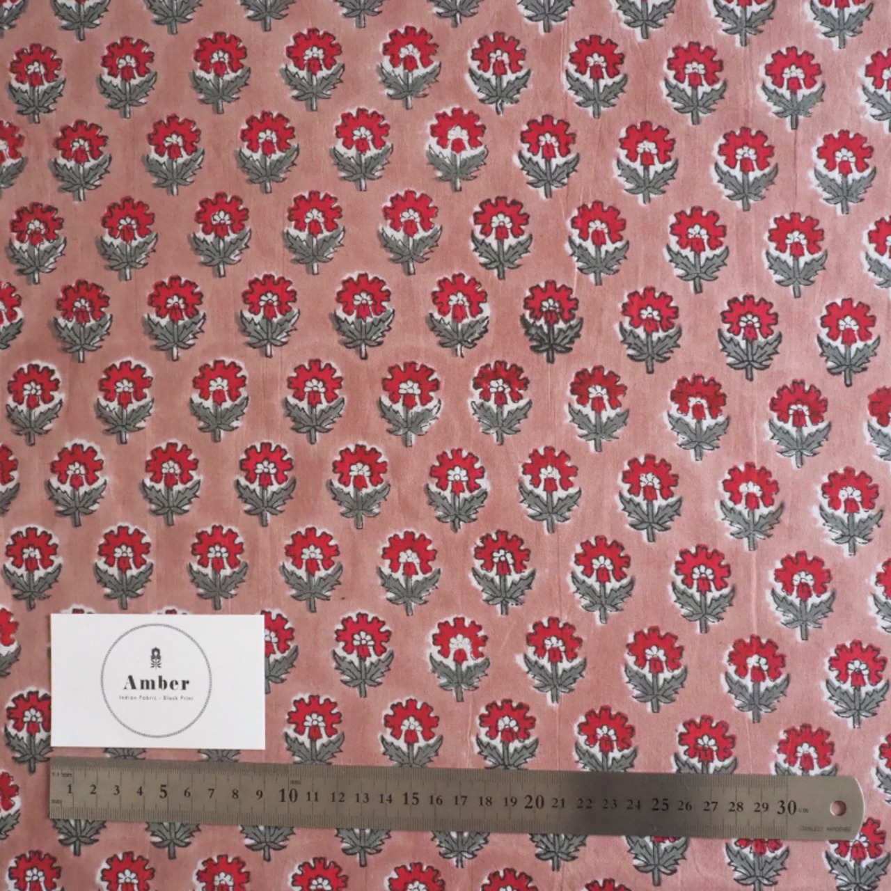 ブロックプリント生地【50cm単位】インド綿  小花柄 ココアブラウン×赤 #59835-BR2