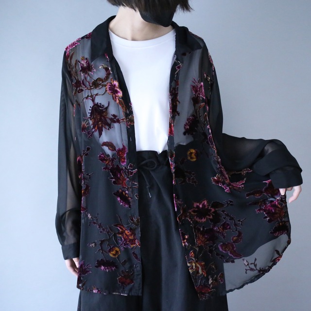 flower velours pattern loose black see-through shirt