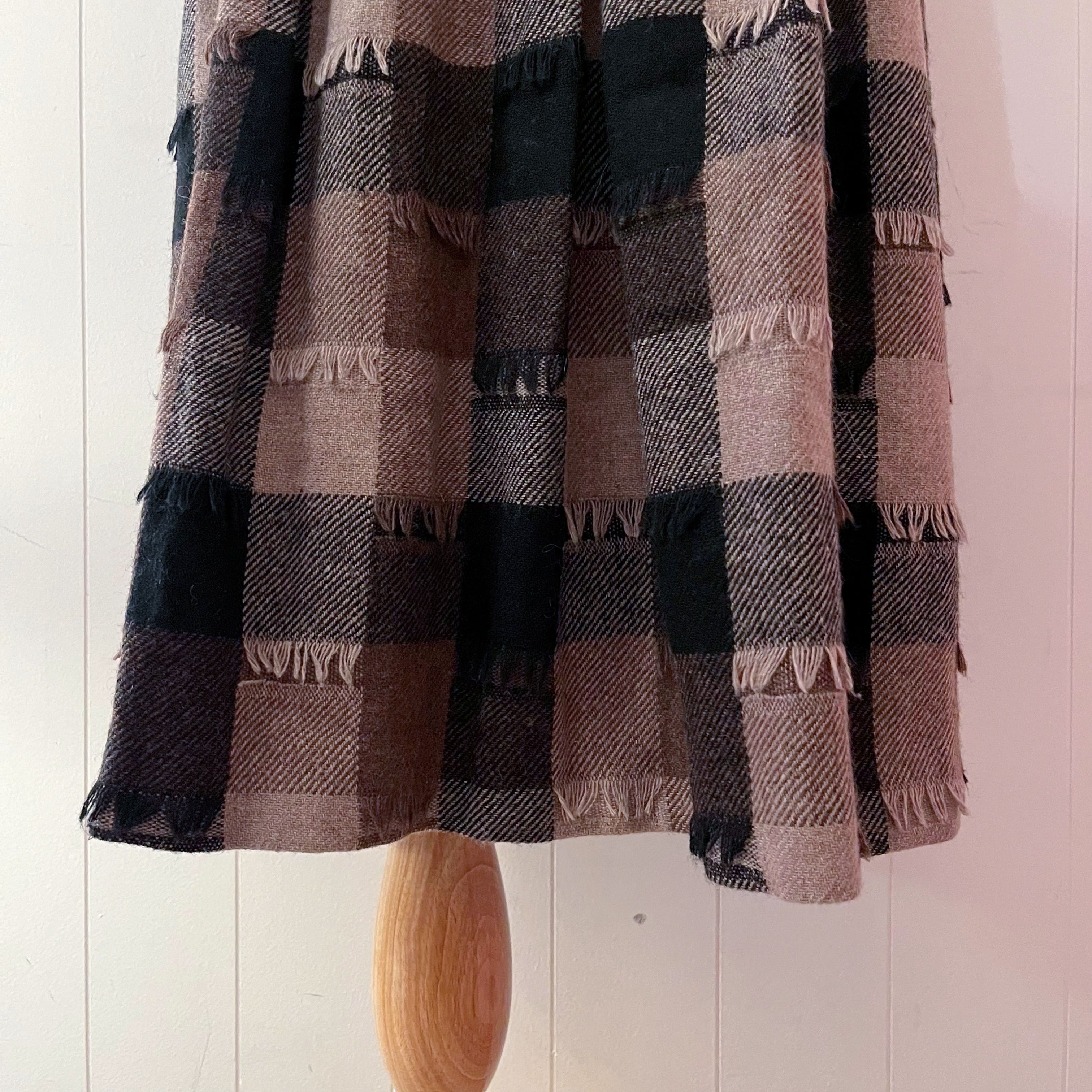 block check fringe wool skirt