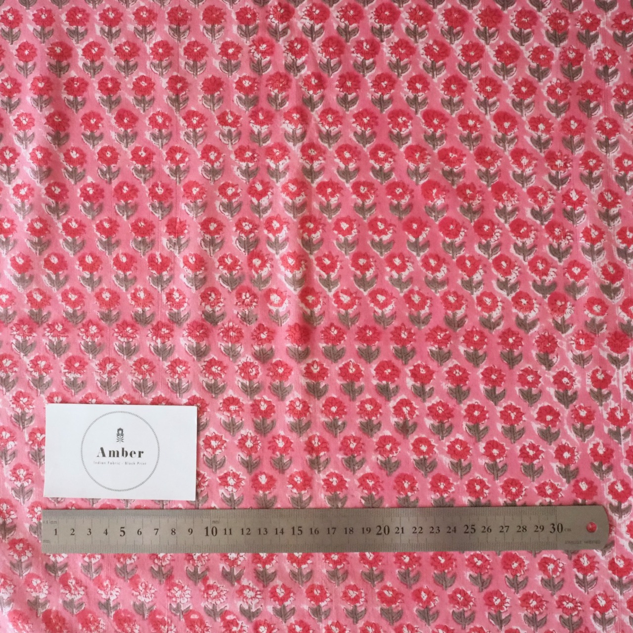 ブロックプリント生地【50cm単位】インド綿 小花柄 ピンク×カーキ #43788-PK1