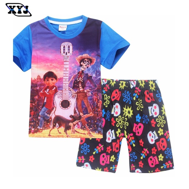 2018 子供の夏のパジャマスーツココ衣装綿 Tシャツ + プリントショーツ服セット 2 Peice のスーツ男の子パジャマ
