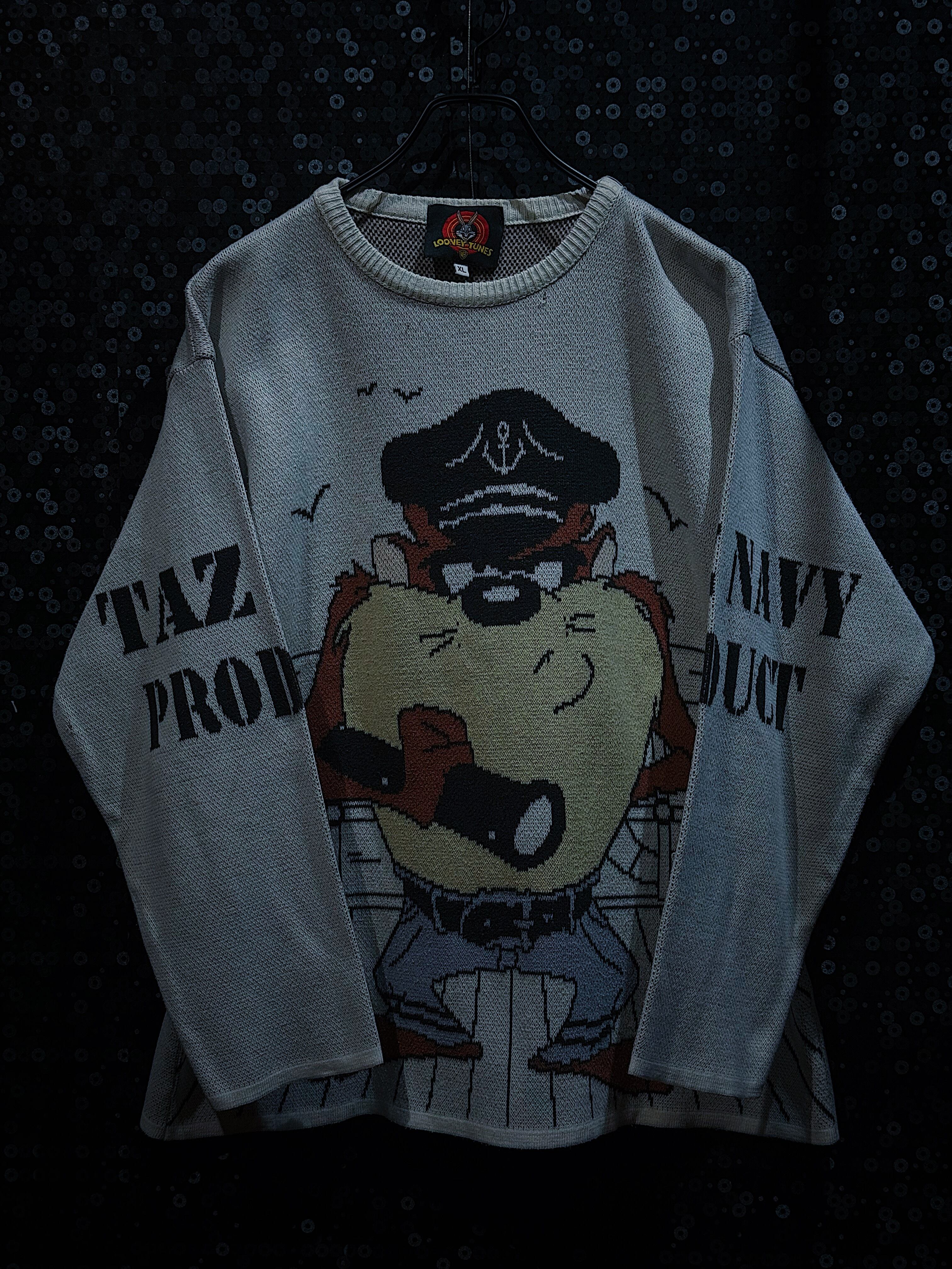 "Looney Tunes"vintage TAZ PRODUCT NAVY DUCT knit sweat