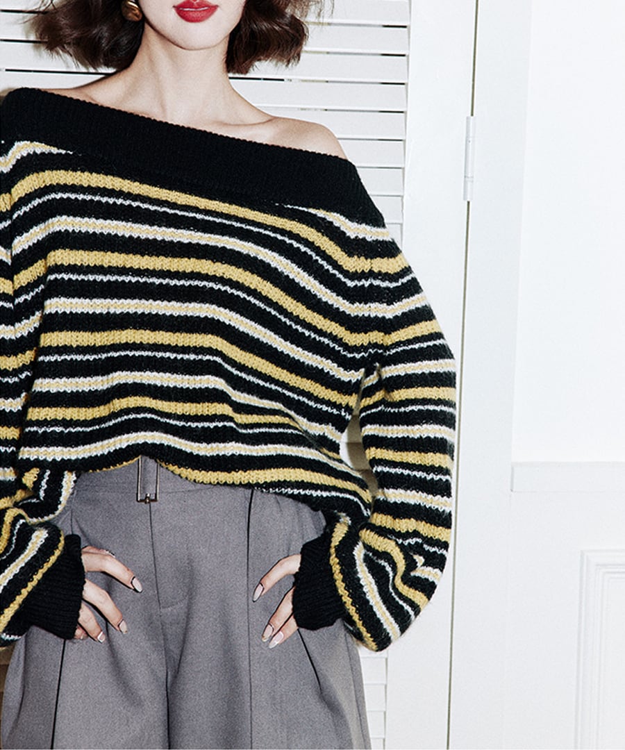 ストライプ◆オフショルダーモヘアセーター【t-10358】