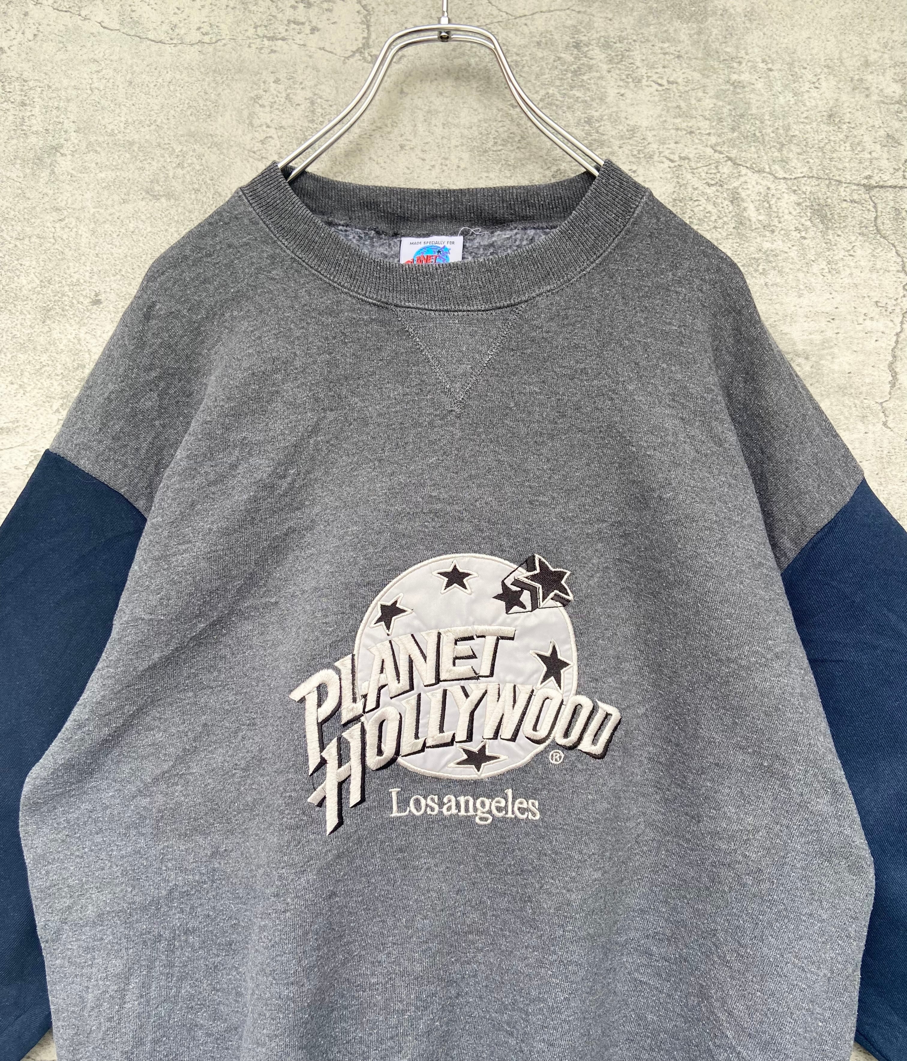 USA製 PLANET HOLLYWOOD/ プラネットハリウッド 銀刺繍ロゴ 切替スウェット