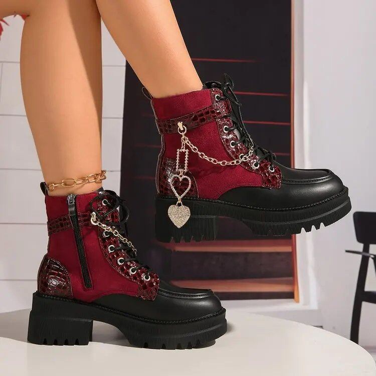 メタルチェーン厚底レディースブーツ 2025秋冬売れ筋デザイナー新作レディースシューズファッションショートブーツ