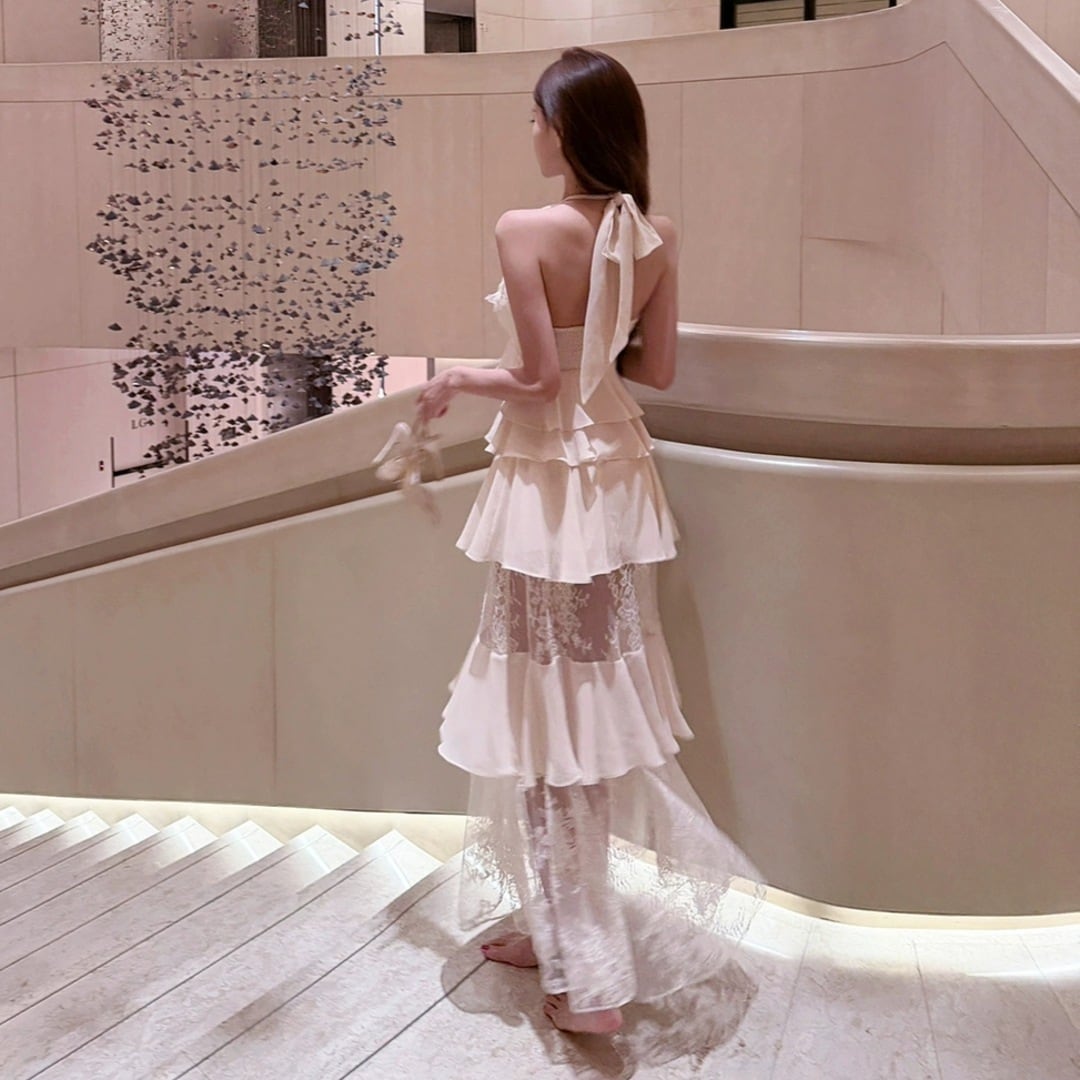 V-neck lace tulle ruffle dress 2605253