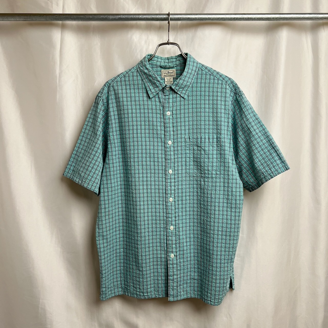 L.L.Bean シアサッカー チェック 胸ポケット 半袖シャツ M