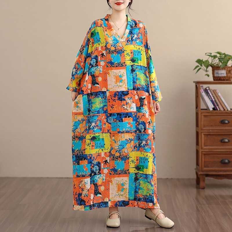 PATCHWORK PRINT V-NECK MAXI PULLOVER DRESS 1color M-15826