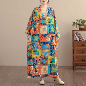 PATCHWORK PRINT V-NECK MAXI PULLOVER DRESS 1color M-15826