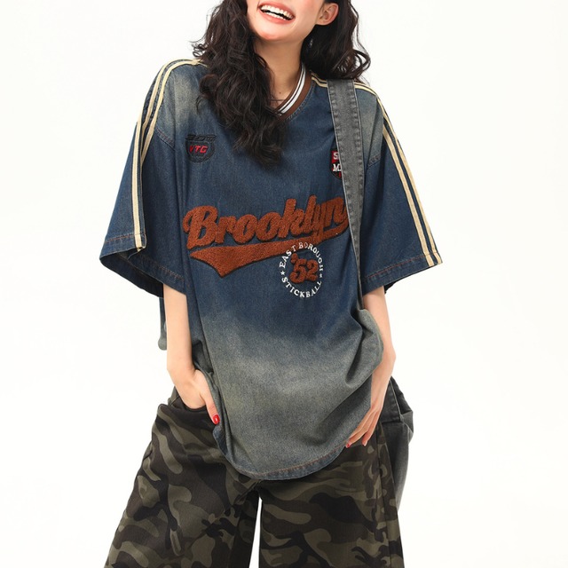 V-neck logo denim short sleeve tee　Vネックロゴデニム半袖ティー　J1186