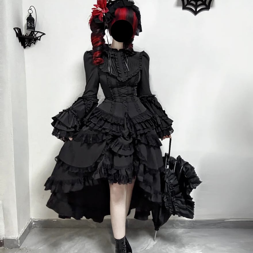 ゴスロリ 姫袖シャツ 黒シャツ ネックリボン付き レースアップ フリル