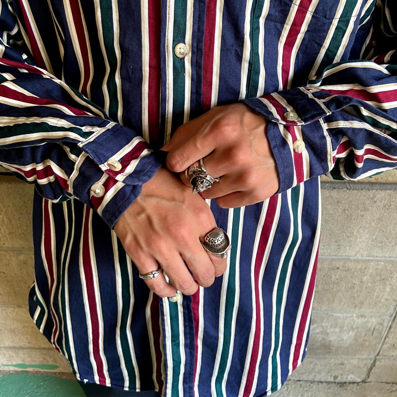 90年代 IVY CREW 長袖 マルチストライプシャツ メンズL相当 古着