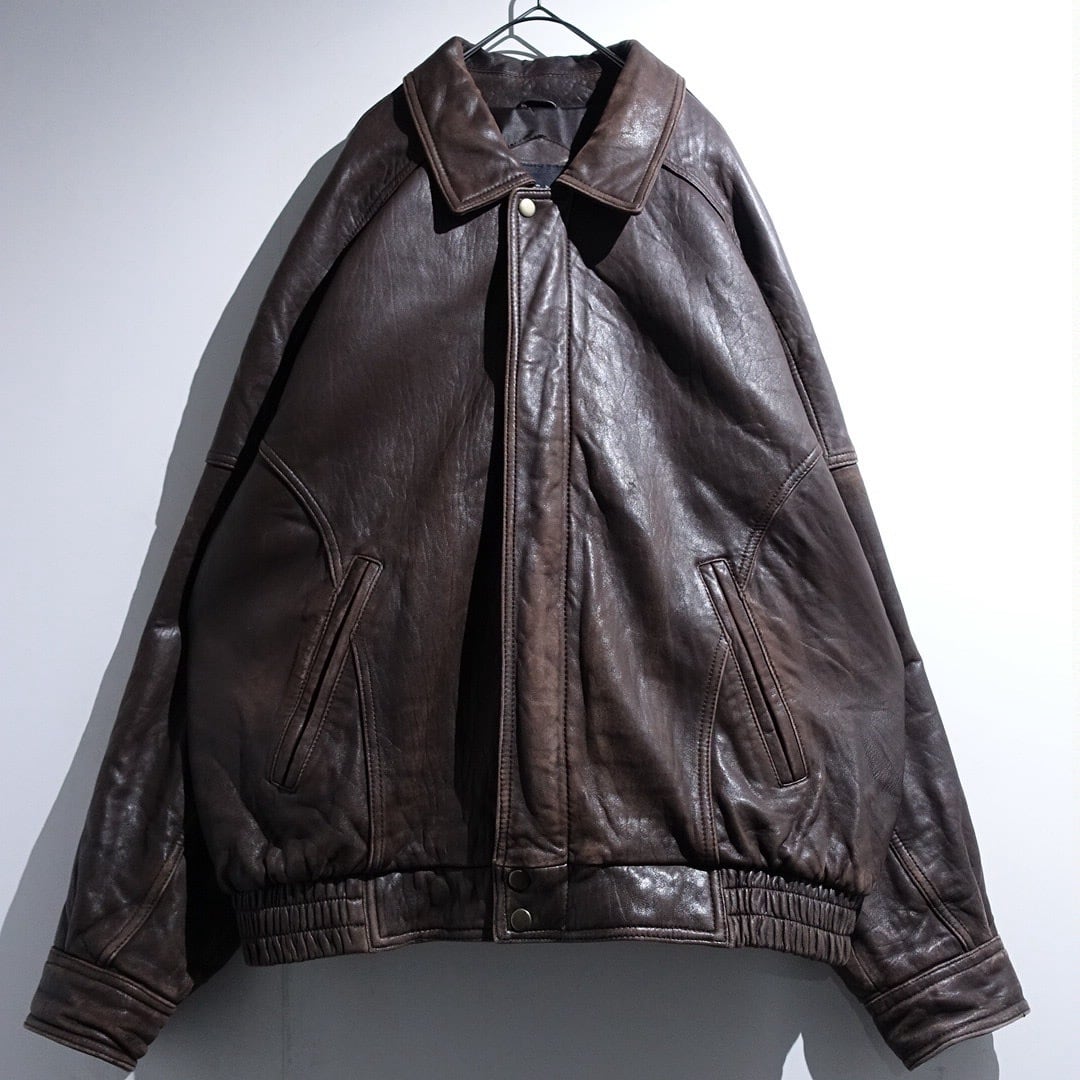 90s "croft & barrow" Aging Brown Leather Fly Front Desgin Blouson