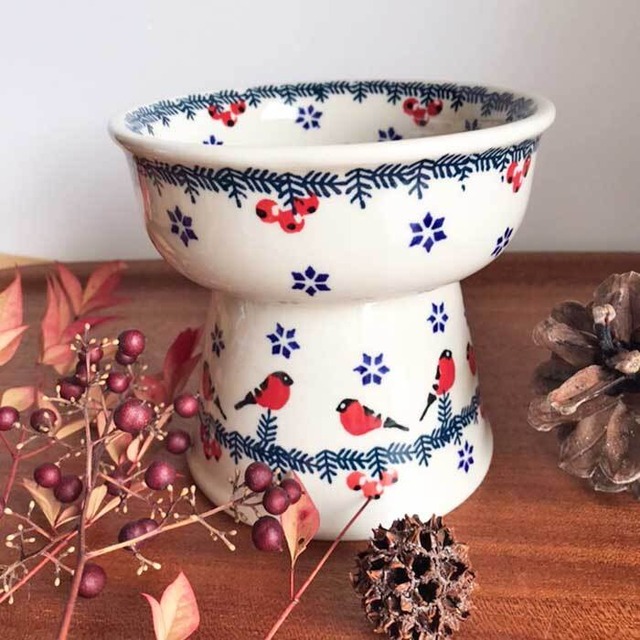 Polish Pottery  ポーランド陶器　ペットボウル　高さのあるお皿 赤い鳥と花柄