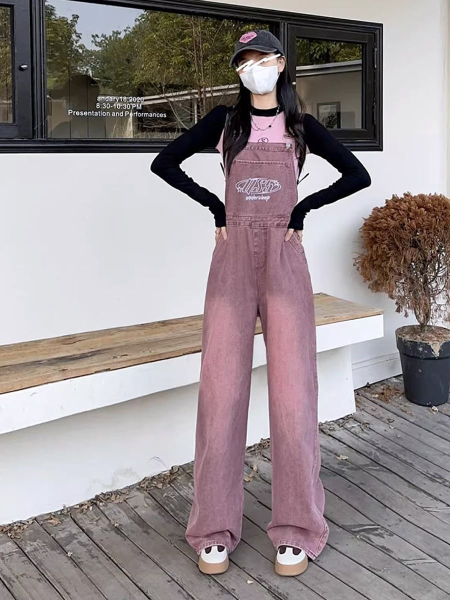 全3色 刺繍入りカラーデニムオーバーオール つなぎ デニム サロペット