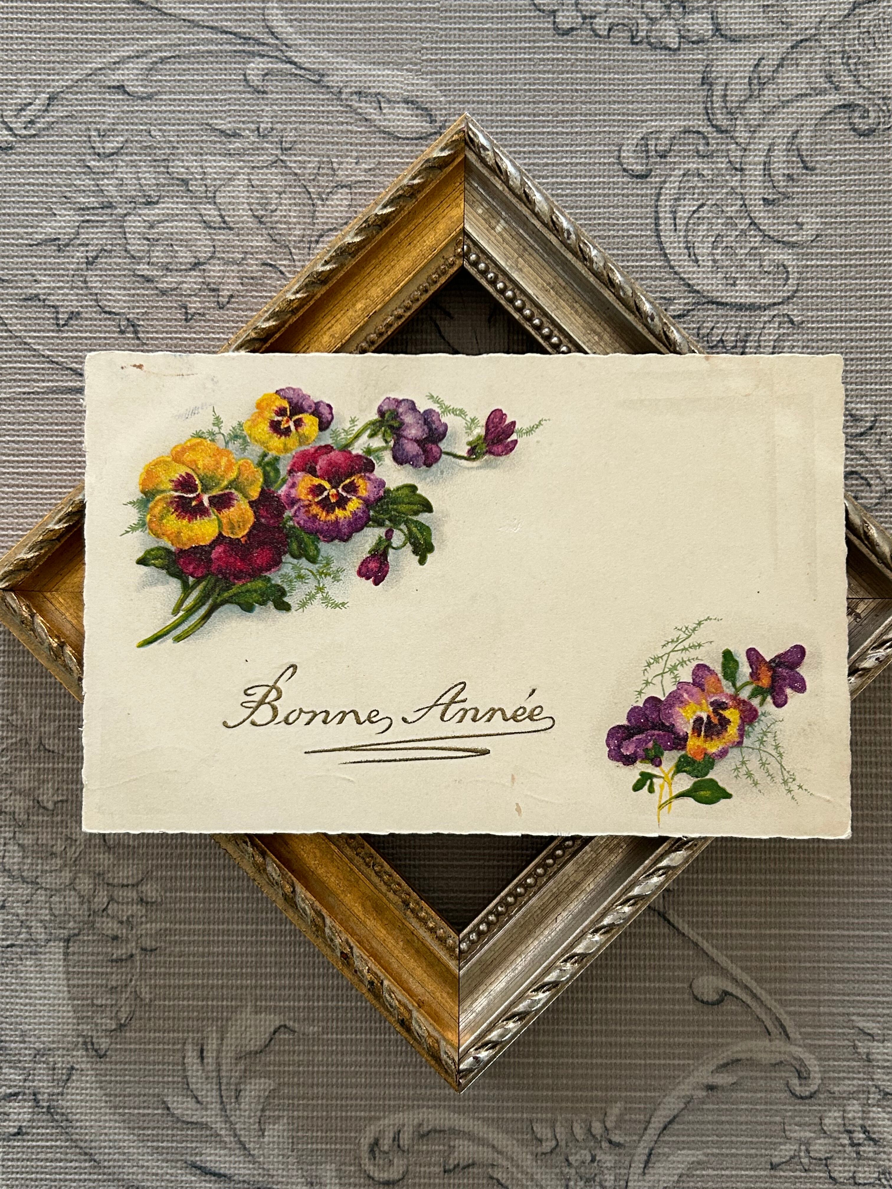 アンティークポストカード Bonne Anee パンジー 1939年 フランス 額装 インテリア コレクション BE