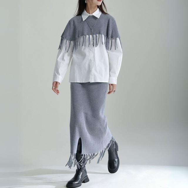 Fringe Knit Skirt & Cape 2set 00835