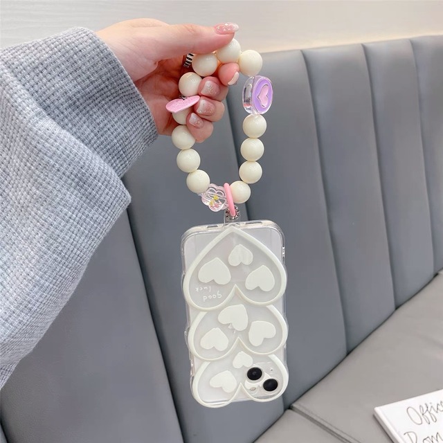 iPhoneケース iPhone13 iPhone12 ビーズ 持ち手付き ハート 3連 白 かわいい スマホケース おしゃれ 韓国 2267