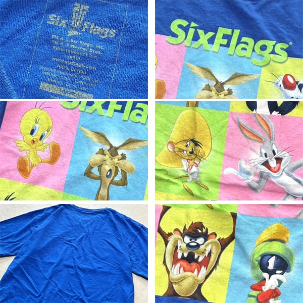 1点物◇Six Flagsルーニーテューンズ青プリントTシャツ古着メンズL