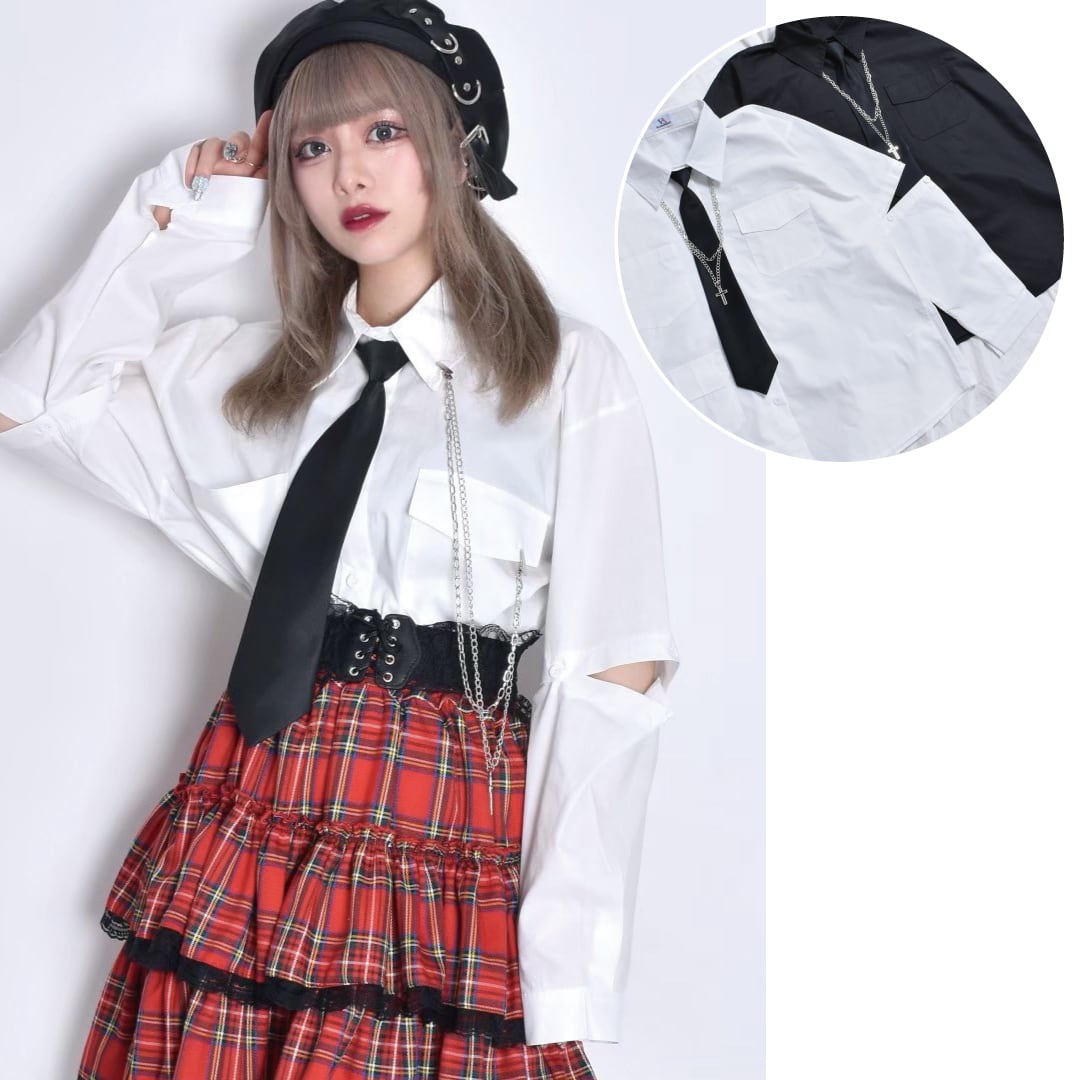 【3点セット】ネクタイ+2連チェーン付き 2WAYシャツ(BIGシルエット)