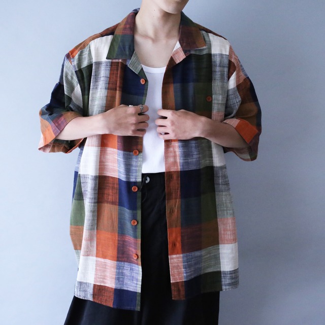 good coloring check pattern open collar h/s shirt
